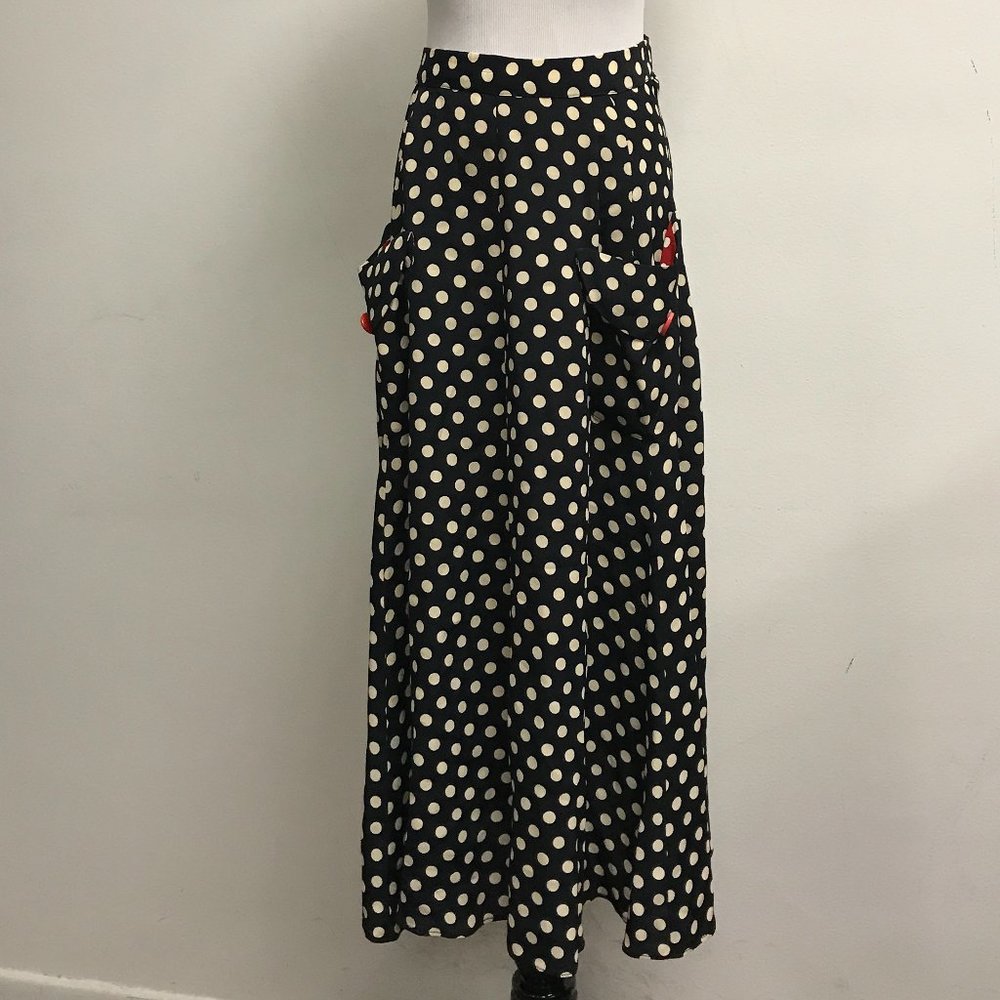 Janice McCarty Vintage black polka dot red buttons midi skirt designer S boho